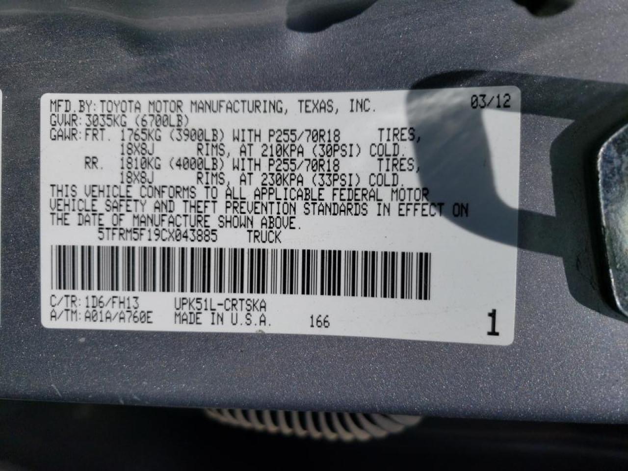 Photo 10 from auction – 2012 TOYOTA TUNDRA DOU with VIN 5TFRM5F19CX043885