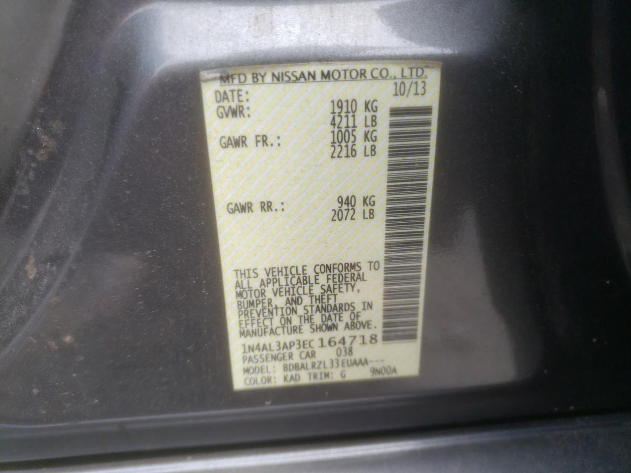 Photo 10 from auction – 2014 NISSAN ALTIMA with VIN 1N4AL3AP3EC164718