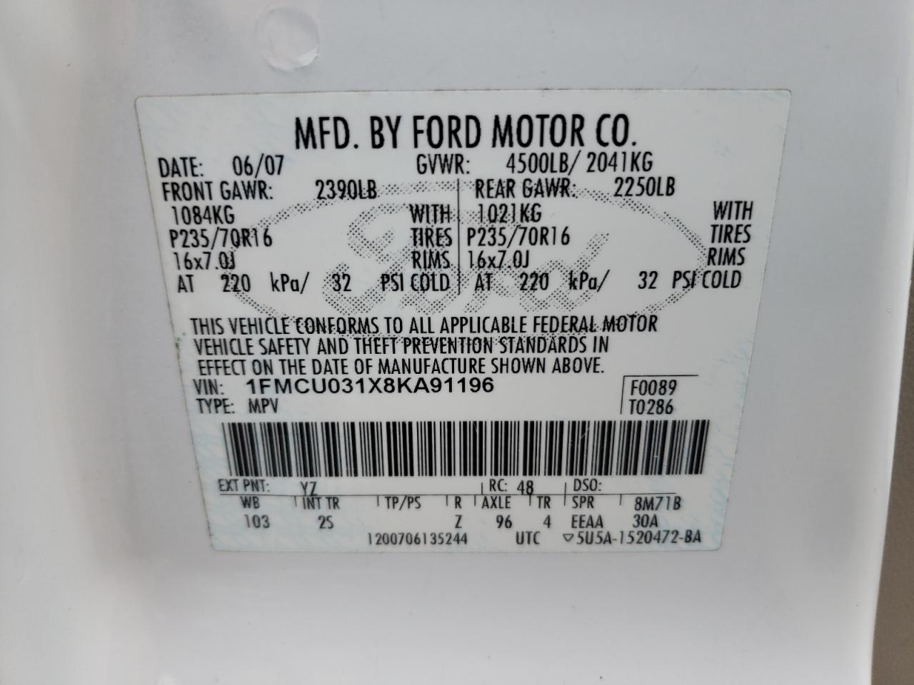 Photo 10 from auction – 2008 FORD ESCAPE XLT with VIN 1FMCU031X8KA91196