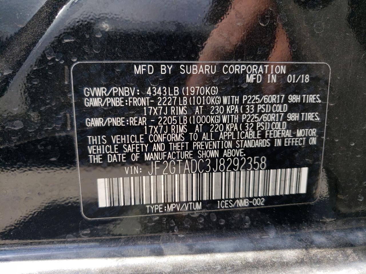 Photo 10 from auction – 2018 SUBARU CROSSTREK with VIN JF2GTADC3J8292358