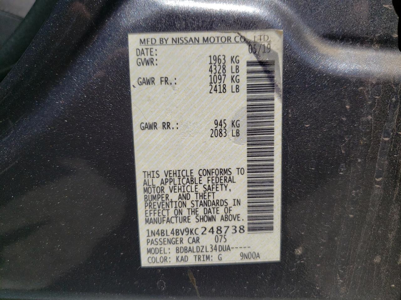 Photo 10 from auction – 2019 NISSAN ALTIMA S with VIN 1N4BL4BV9KC248738