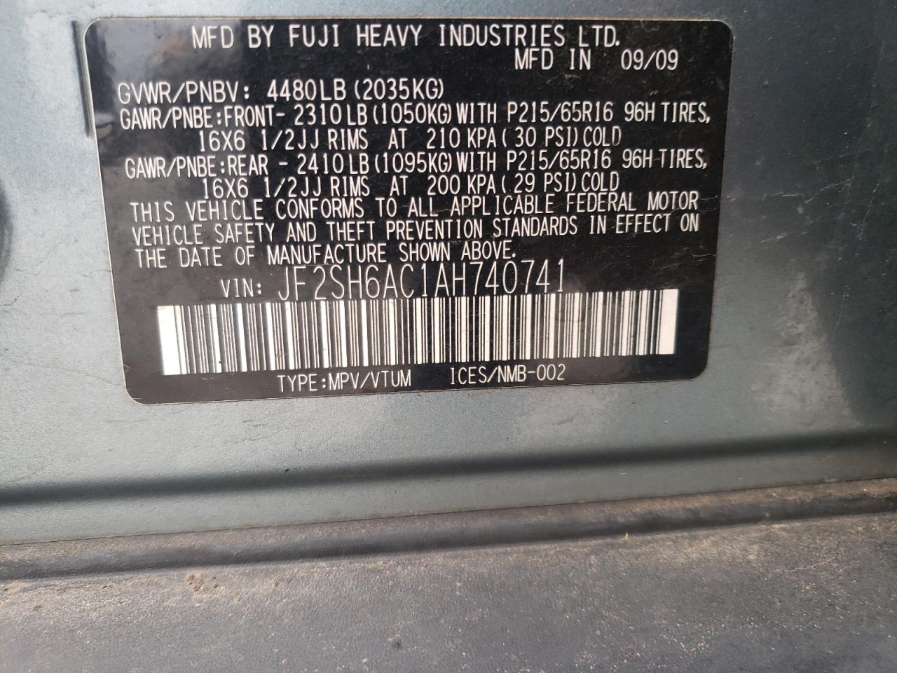 Photo 10 from auction – 2010 SUBARU FORESTER 2 with VIN JF2SH6AC1AH740741