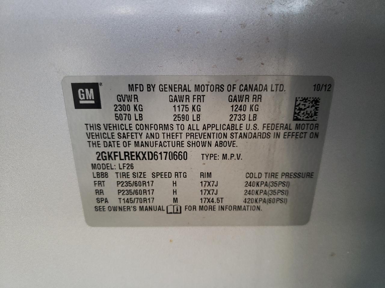 Photo 10 from auction – 2013 GMC TERRAIN SL with VIN 2GKFLREKXD6170660