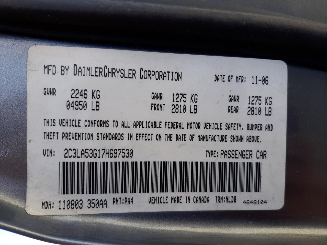 Photo 10 from auction – 2007 CHRYSLER 300 TOURIN with VIN 2C3LA53G17H697530