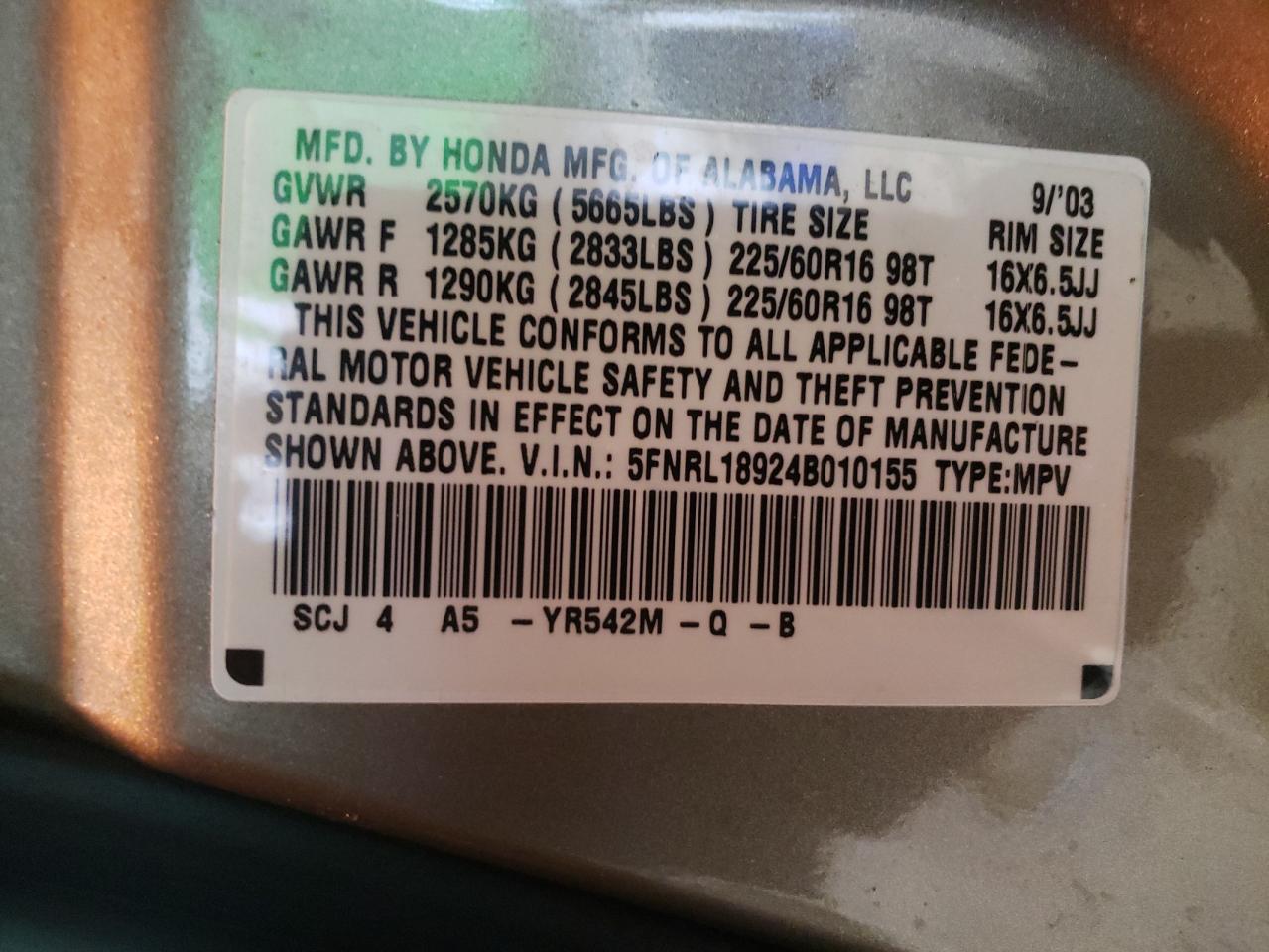 Photo 10 from auction – 2004 HONDA ODYSSEY EX with VIN 5FNRL18924B010155