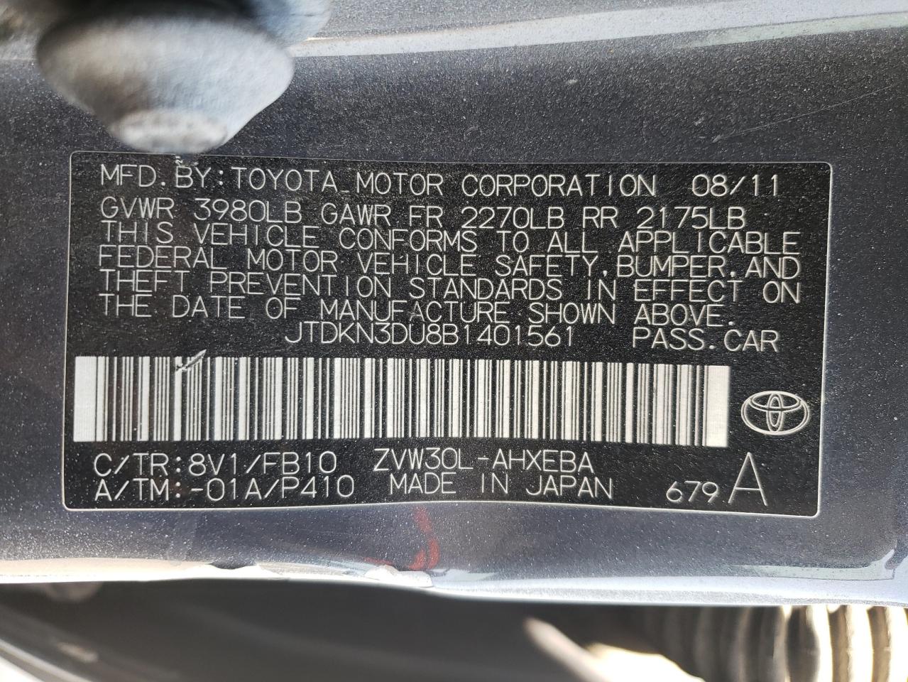 Photo 10 from auction – 2011 TOYOTA PRIUS with VIN JTDKN3DU8B1401561