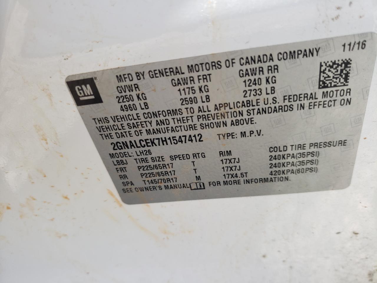 Photo 10 from auction – 2017 CHEVROLET EQUINOX LT with VIN 2GNALCEK7H1547412