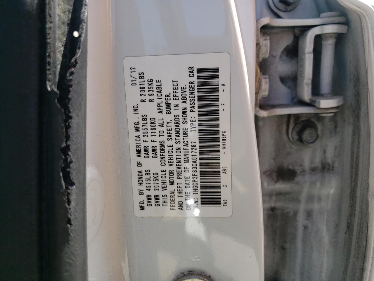 Photo 10 from auction – 2012 HONDA ACCORD EXL with VIN 1HGCP3F83CA017267