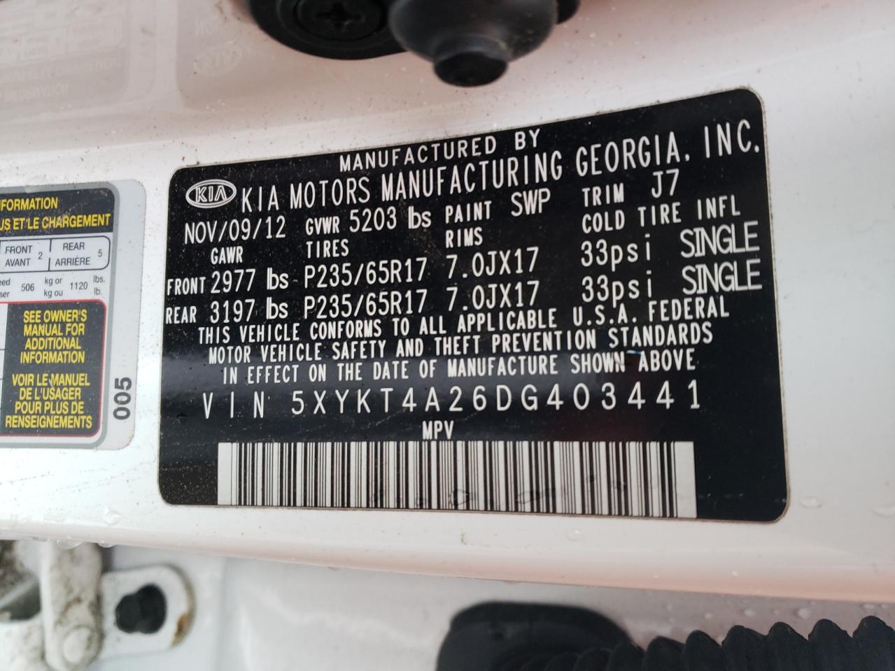 Photo 10 from auction – 2013 KIA SORENTO LX with VIN 5XYKT4A26DG403441