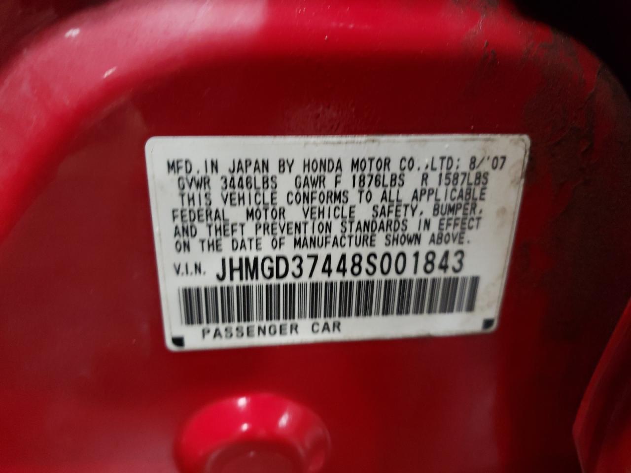 Photo 10 from auction – 2008 HONDA FIT with VIN JHMGD37448S001843
