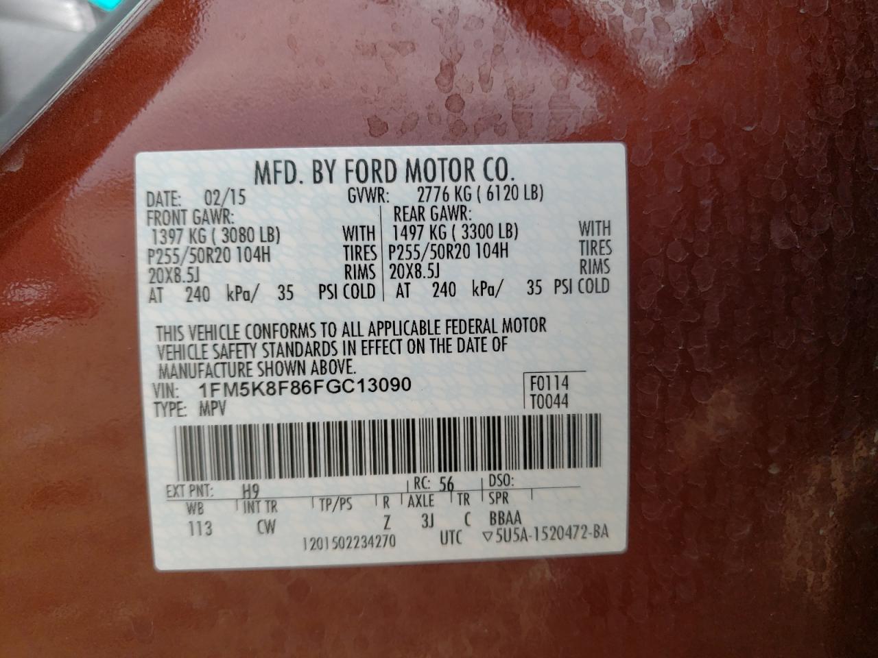 Photo 10 from auction – 2015 FORD EXPLORER L with VIN 1FM5K8F86FGC13090