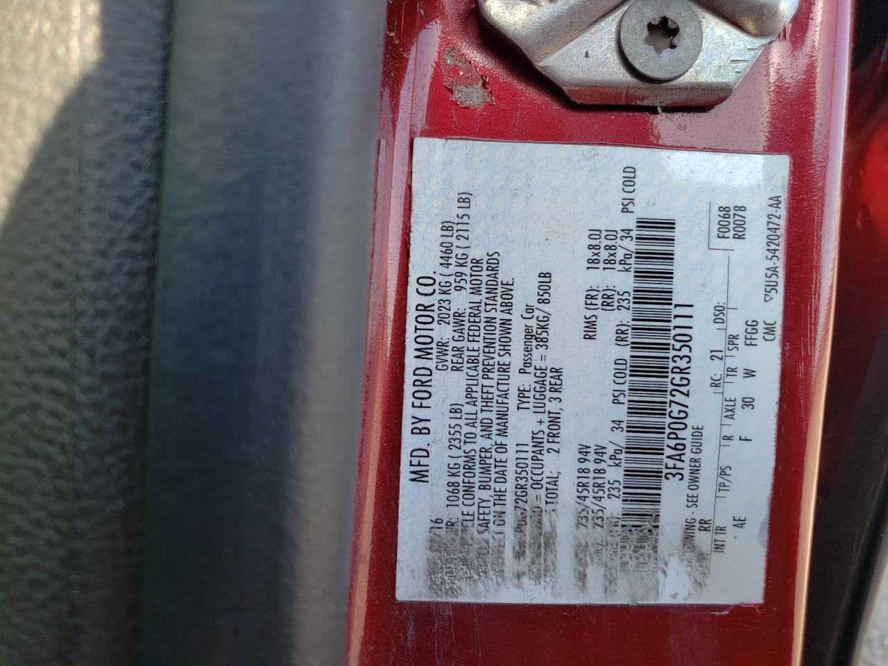 Photo 10 from auction – 2016 FORD FUSION with VIN 3FA6P0G72GR350111
