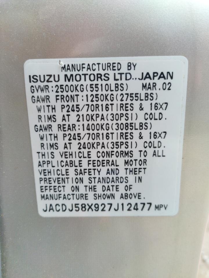 Photo 10 from auction – 2002 ISUZU TROOPER S with VIN JACDJ58X927J12477