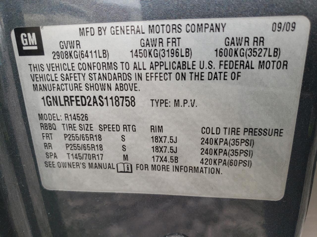 Photo 10 from auction – 2010 CHEVROLET TRAVERSE L with VIN 1GNLRFED2AS118758