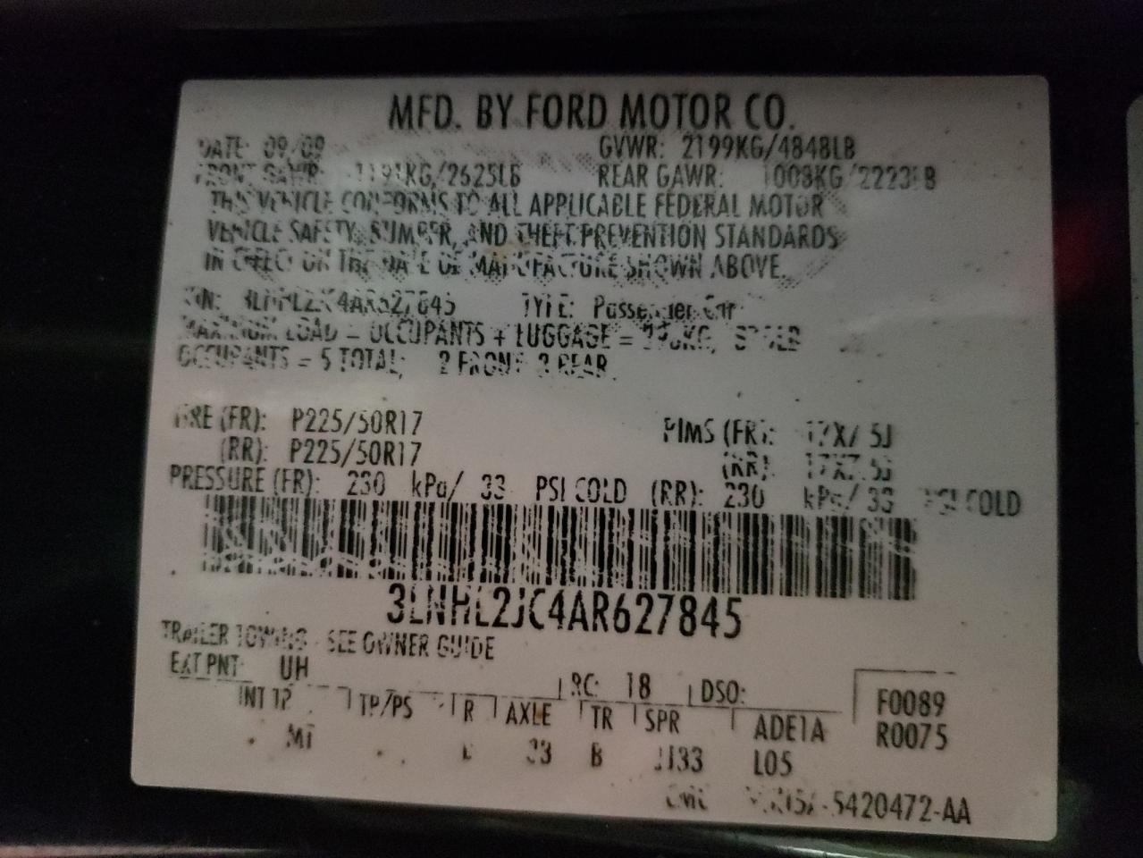 Photo 10 from auction – 2010 LINCOLN MKZ with VIN 3LNHL2JC4AR627845