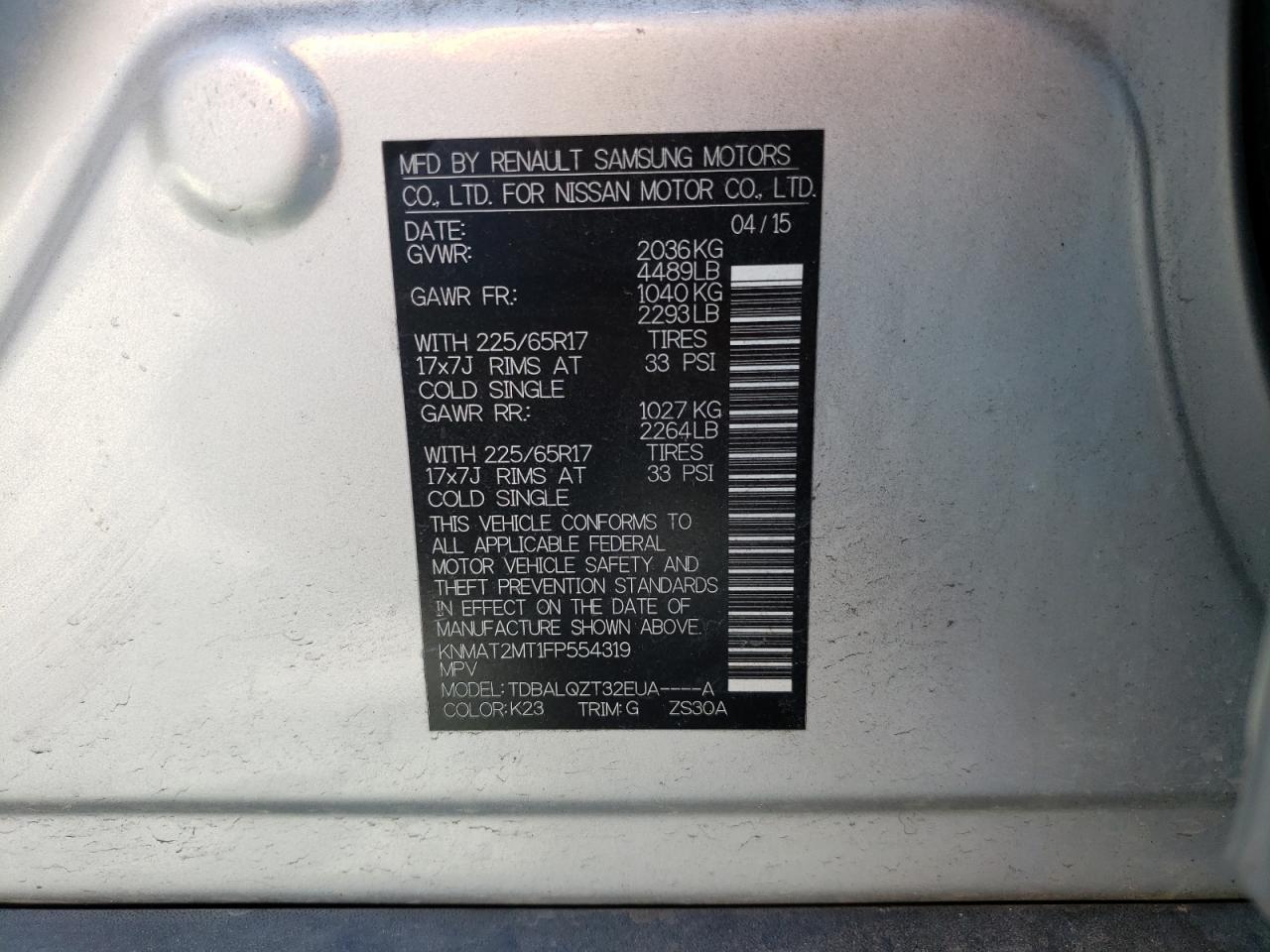 Photo 20 from auction – 2015 NISSAN ROGUE S with VIN KNMAT2MT1FP554319
