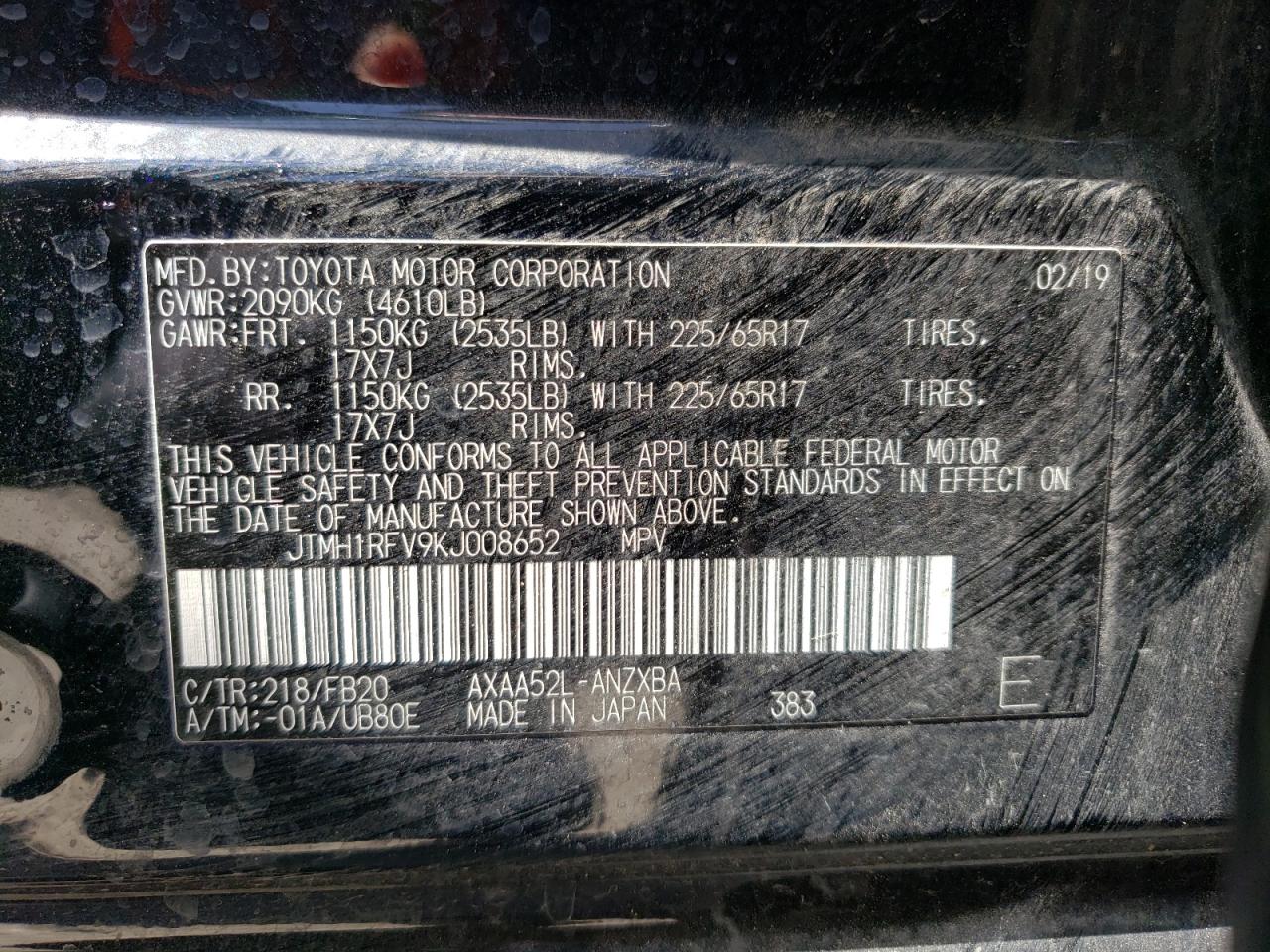 Photo 10 from auction – 2019 TOYOTA RAV4 LE with VIN JTMH1RFV9KJ008652