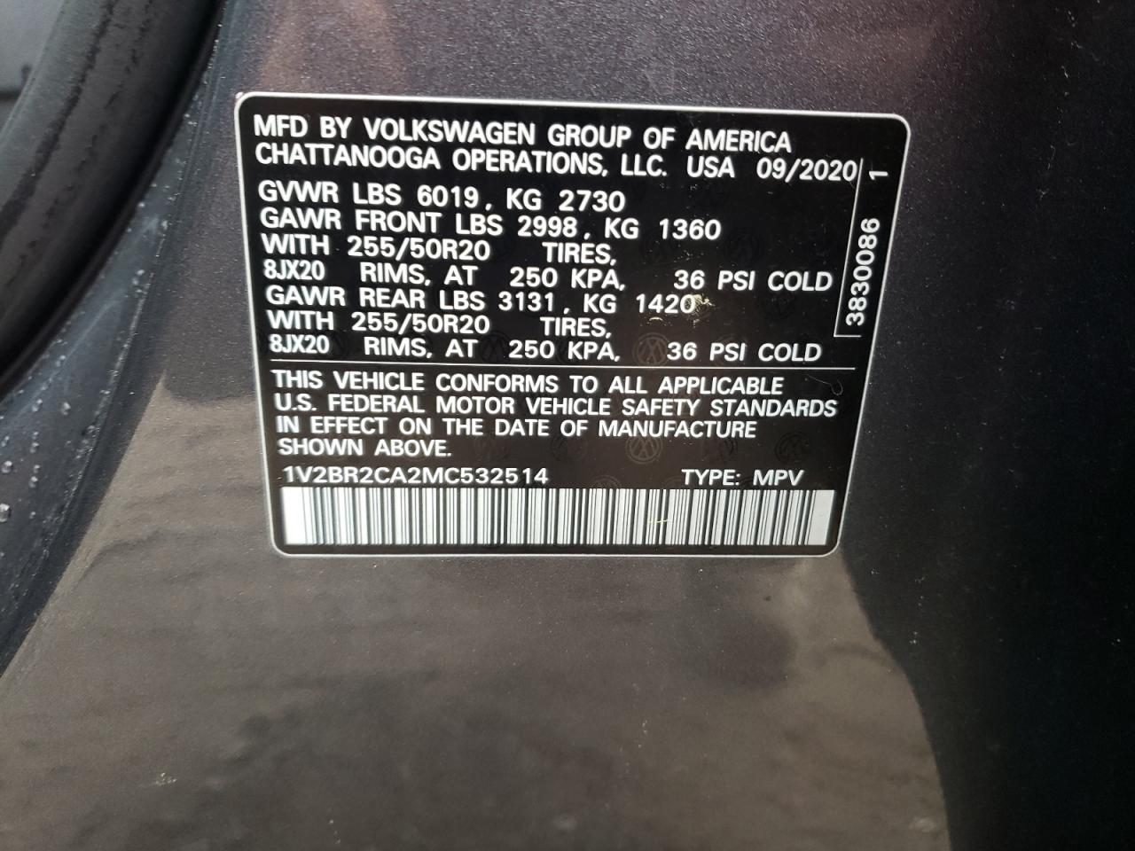 Photo 10 from auction – 2021 VOLKSWAGEN ATLAS SEL with VIN 1V2BR2CA2MC532514