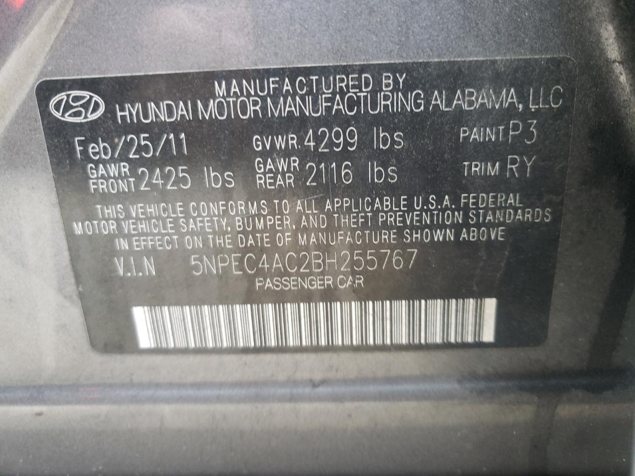 Photo 10 from auction – 2011 HYUNDAI SONATA SE with VIN 5NPEC4AC2BH255767
