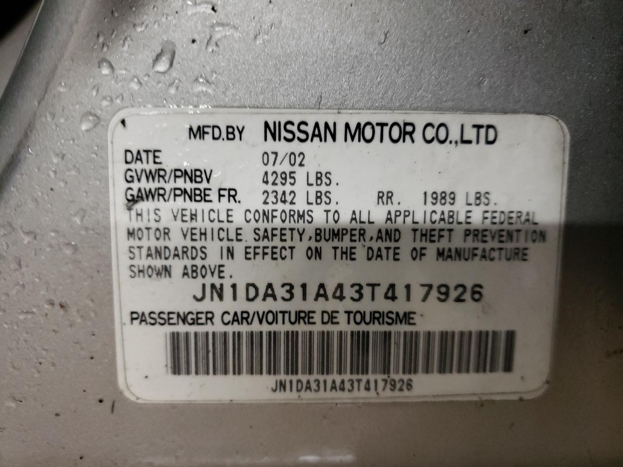 Photo 10 from auction – 2003 NISSAN MAXIMA GLE with VIN JN1DA31A43T417926