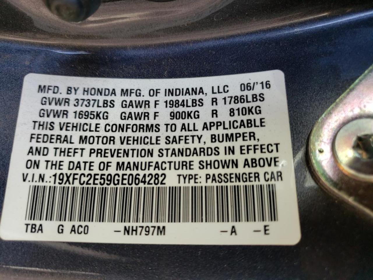 Photo 10 from auction – 2016 HONDA CIVIC LX with VIN 19XFC2E59GE064282