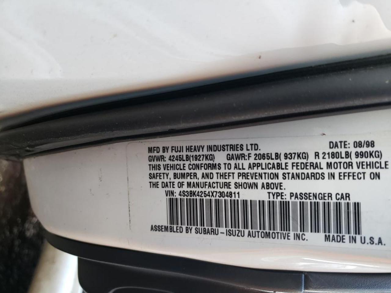 Photo 10 from auction – 1999 SUBARU LEGACY BRI with VIN 4S3BK4254X7304811