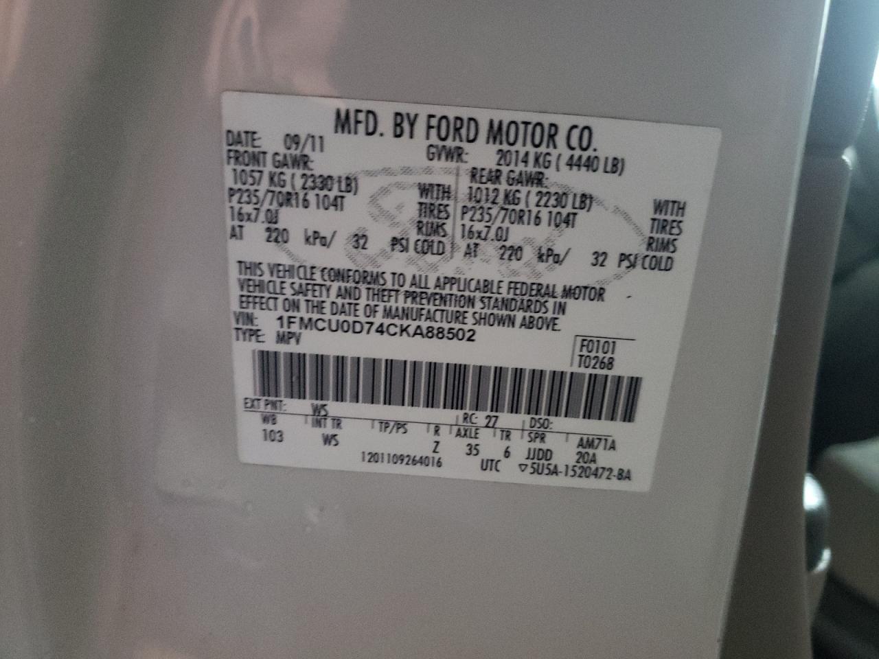 Photo 10 from auction – 2012 FORD ESCAPE XLT with VIN 1FMCU0D74CKA88502
