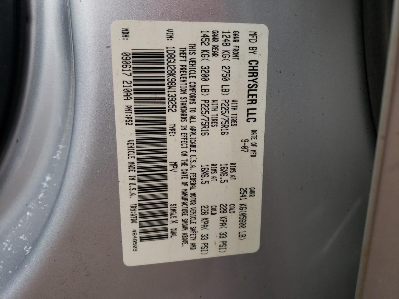 Photo 10 from auction – 2008 DODGE NITRO SXT with VIN 1D8GU28K98W139252
