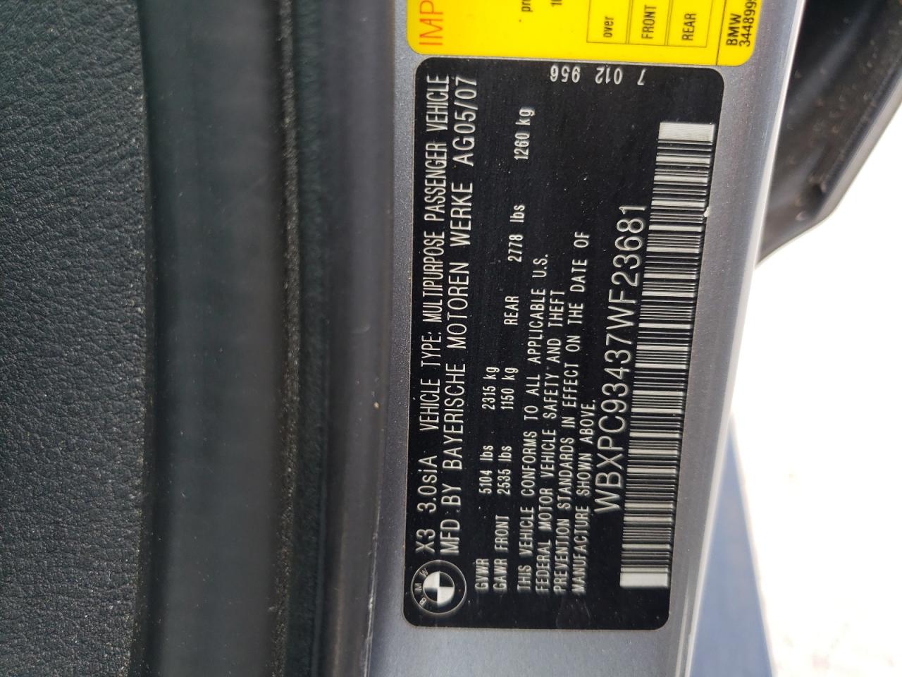 Photo 10 from auction – 2007 BMW X3 3.0SI with VIN WBXPC93437WF23681