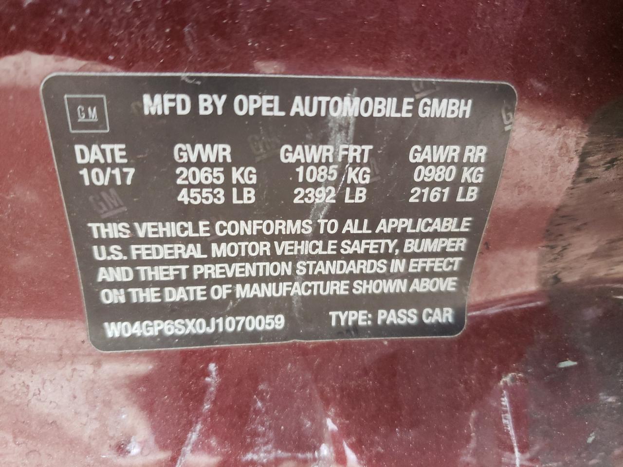 Photo 10 from auction – 2018 BUICK REGAL ESSE with VIN W04GP6SX0J1070059