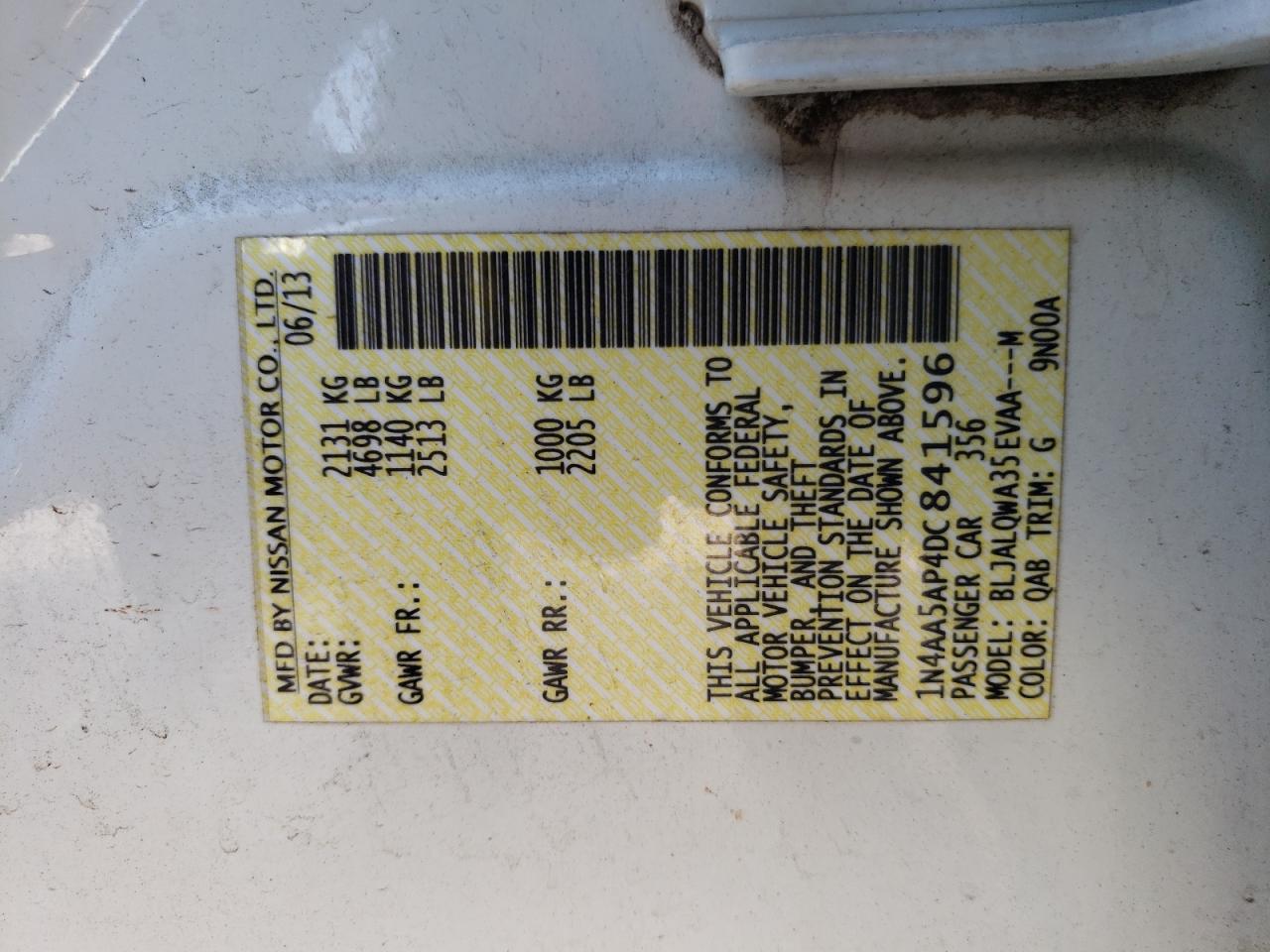 Photo 10 from auction – 2013 NISSAN MAXIMA S with VIN 1N4AA5AP4DC841596
