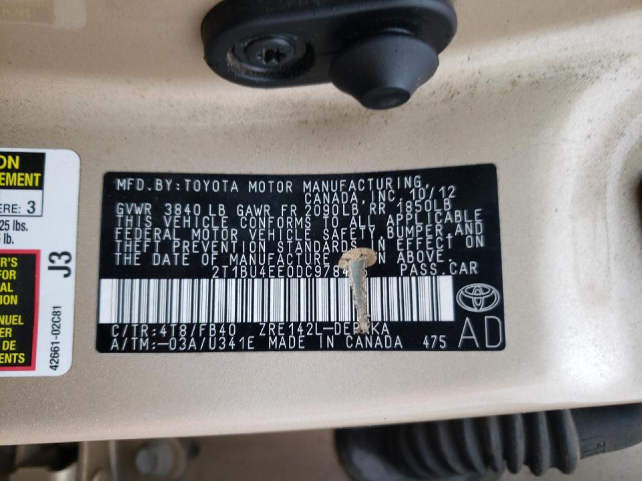 Photo 10 from auction – 2013 TOYOTA COROLLA BA with VIN 2T1BU4EE0DC978406