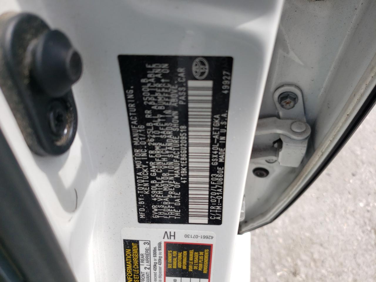 Photo 10 from auction – 2016 TOYOTA AVALON XLE with VIN 4T1BK1EB6GU209518