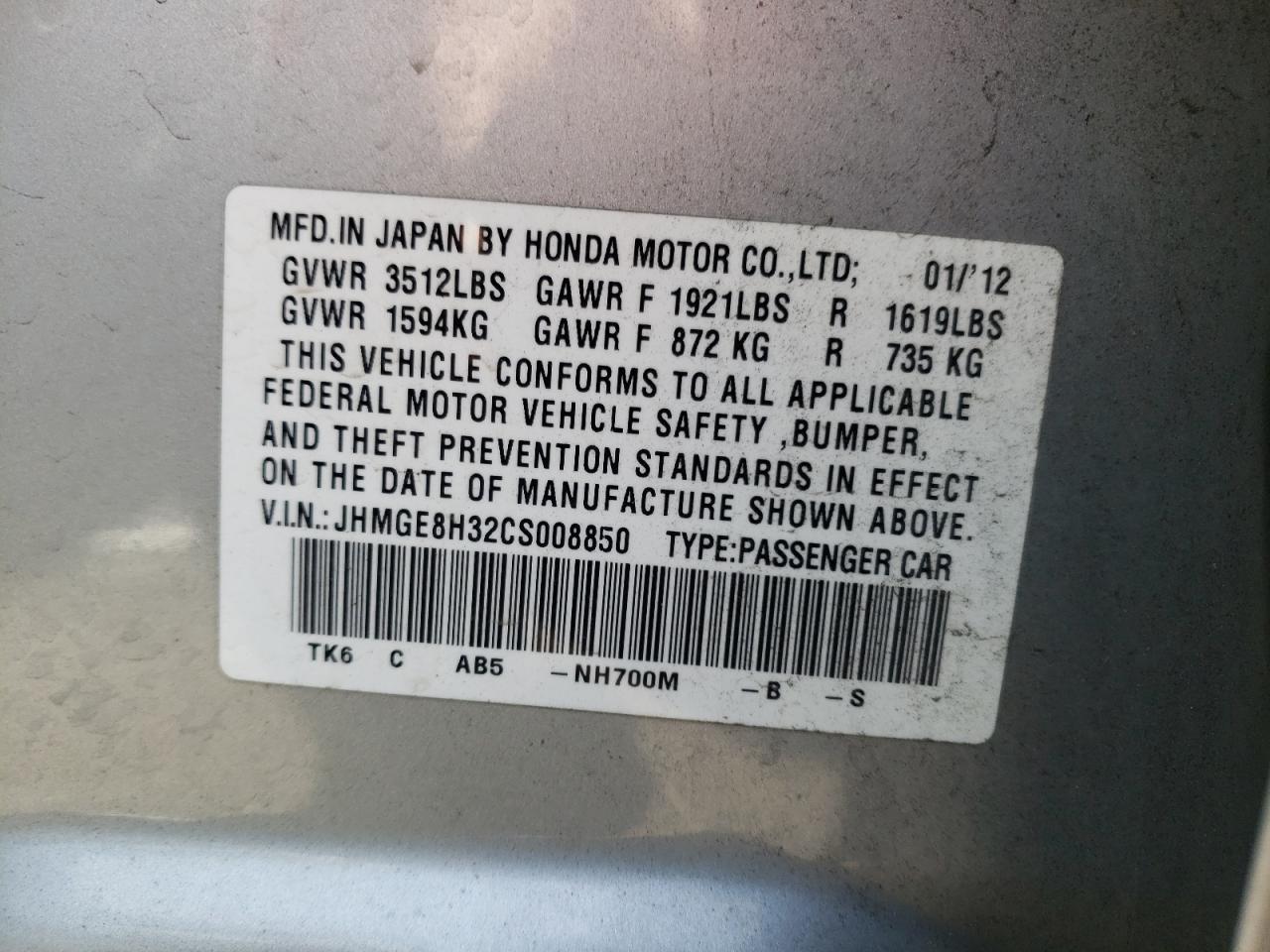 Photo 10 from auction – 2012 HONDA FIT with VIN JHMGE8H32CS008850