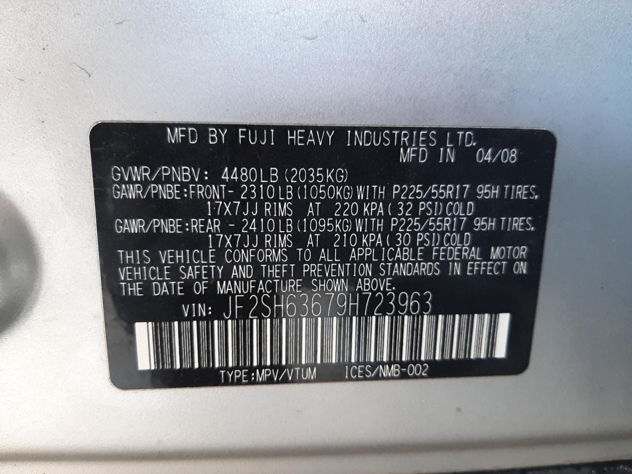 Photo 10 from auction – 2009 SUBARU FORESTER 2 with VIN JF2SH63679H723963