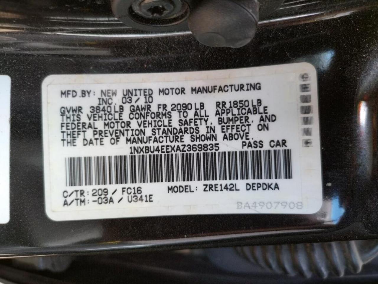 Photo 10 from auction – 2010 TOYOTA COROLLA BA with VIN 1NXBU4EEXAZ369835