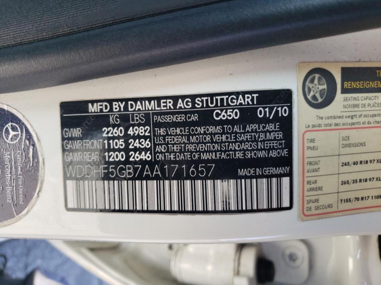 Photo 10 from auction – 2010 MERCEDES-BENZ E 350 with VIN WDDHF5GB7AA171657