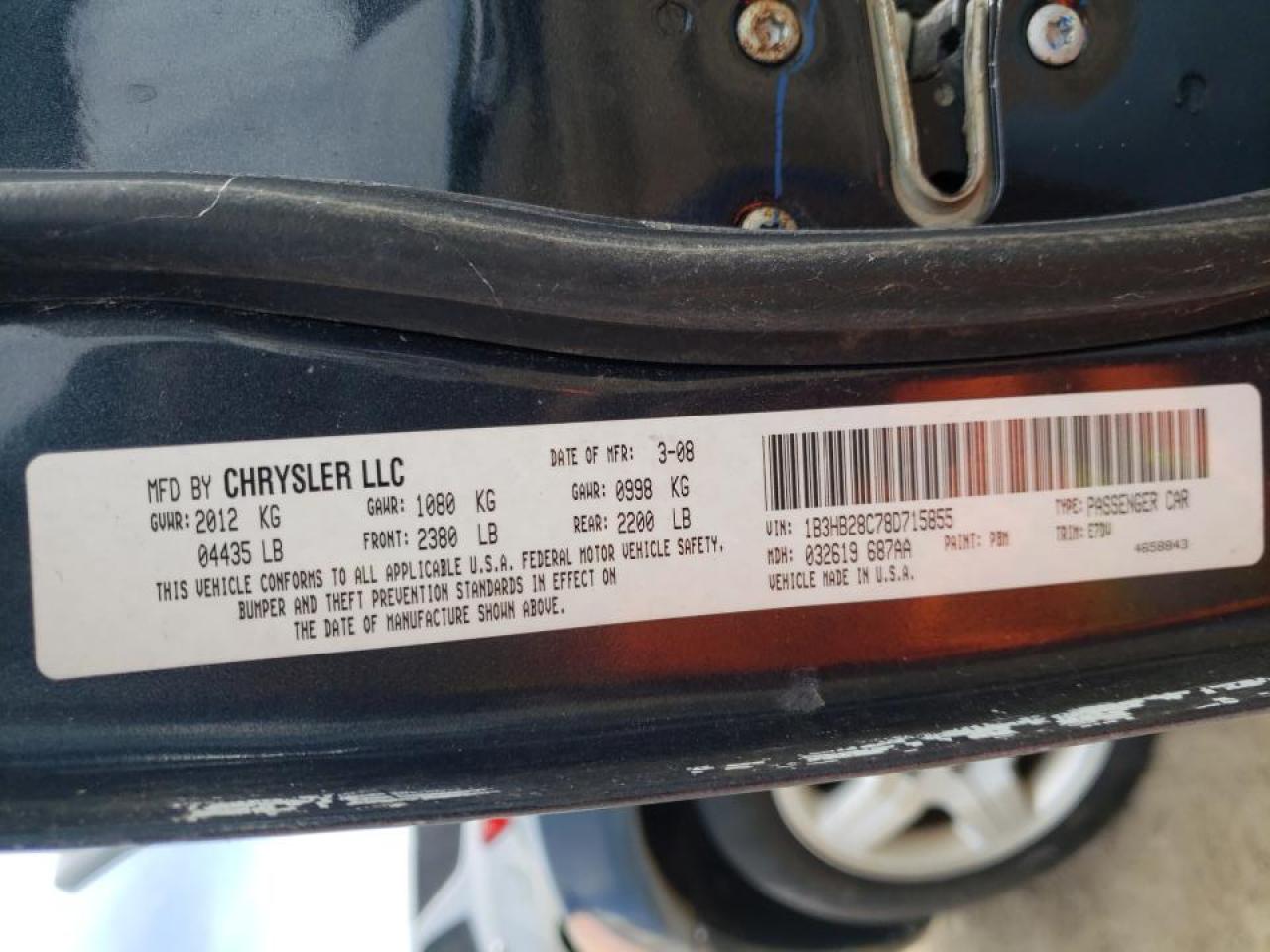 Photo 10 from auction – 2008 DODGE CALIBER with VIN 1B3HB28C78D715855