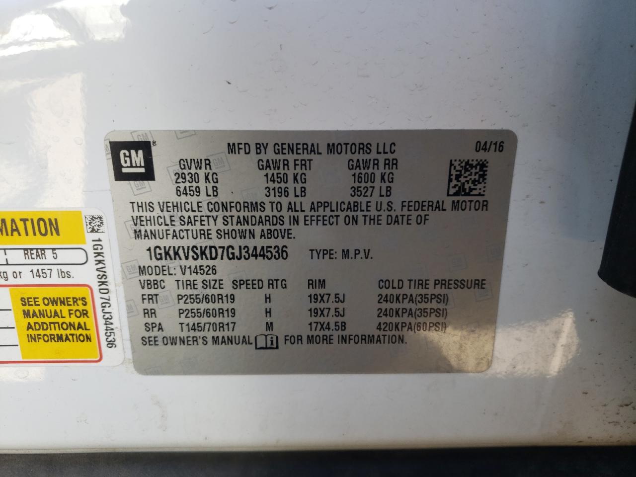 Photo 10 from auction – 2016 GMC ACADIA SLT with VIN 1GKKVSKD7GJ344536