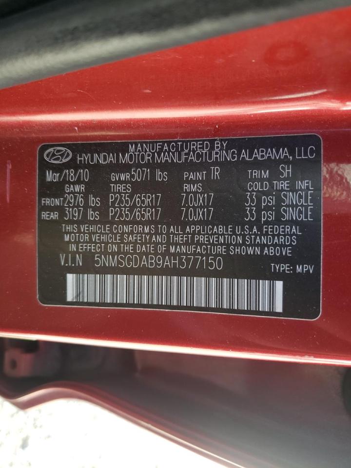 Photo 10 from auction – 2010 HYUNDAI SANTA FE G with VIN 5NMSGDAB9AH377150