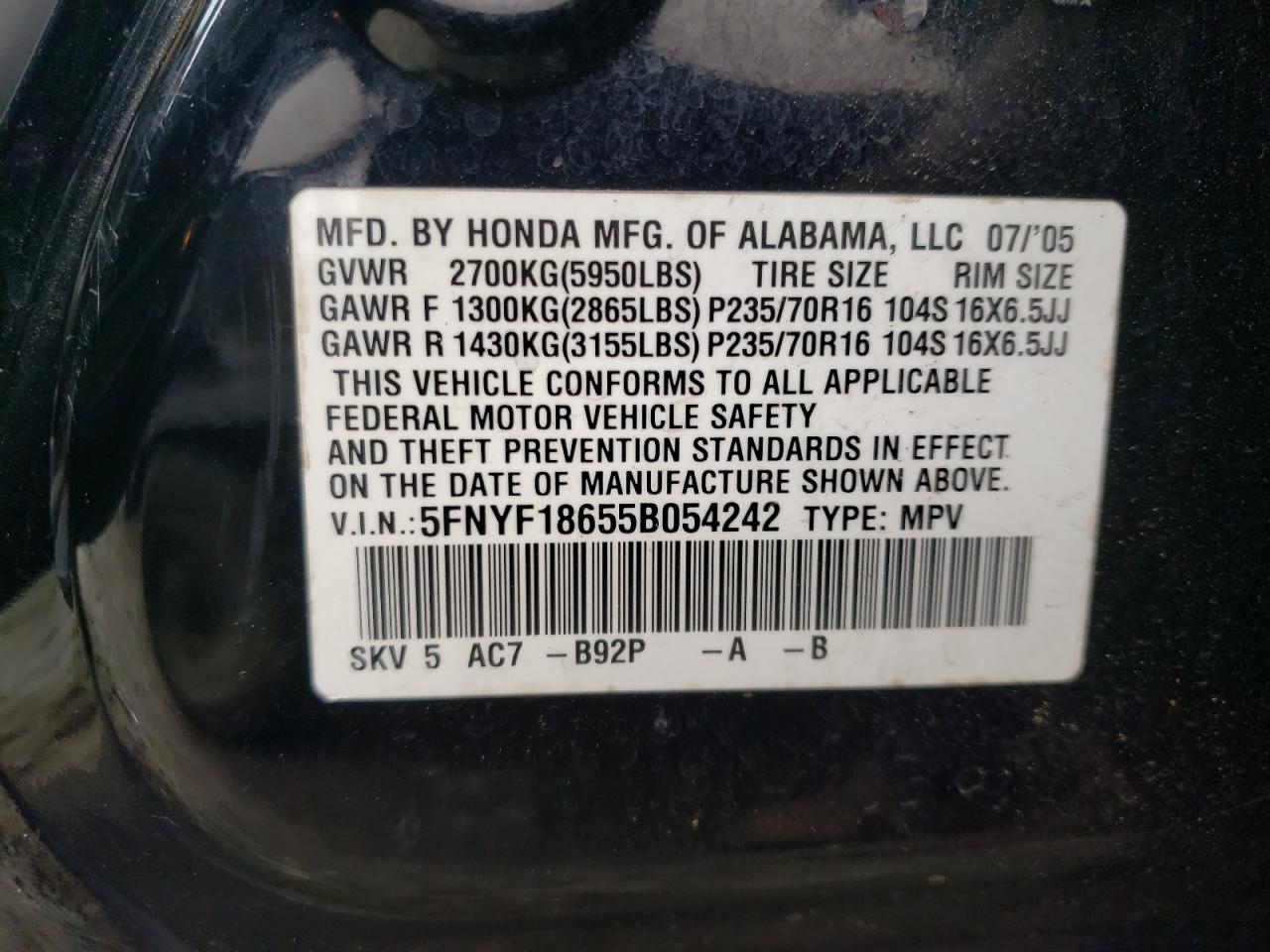 Photo 10 from auction – 2005 HONDA PILOT EXL with VIN 5FNYF18655B054242