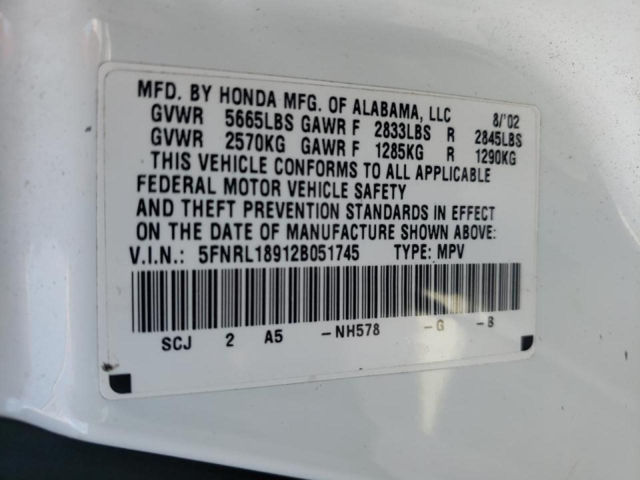 Photo 10 from auction – 2002 HONDA ODYSSEY EX with VIN 5FNRL18912B051745