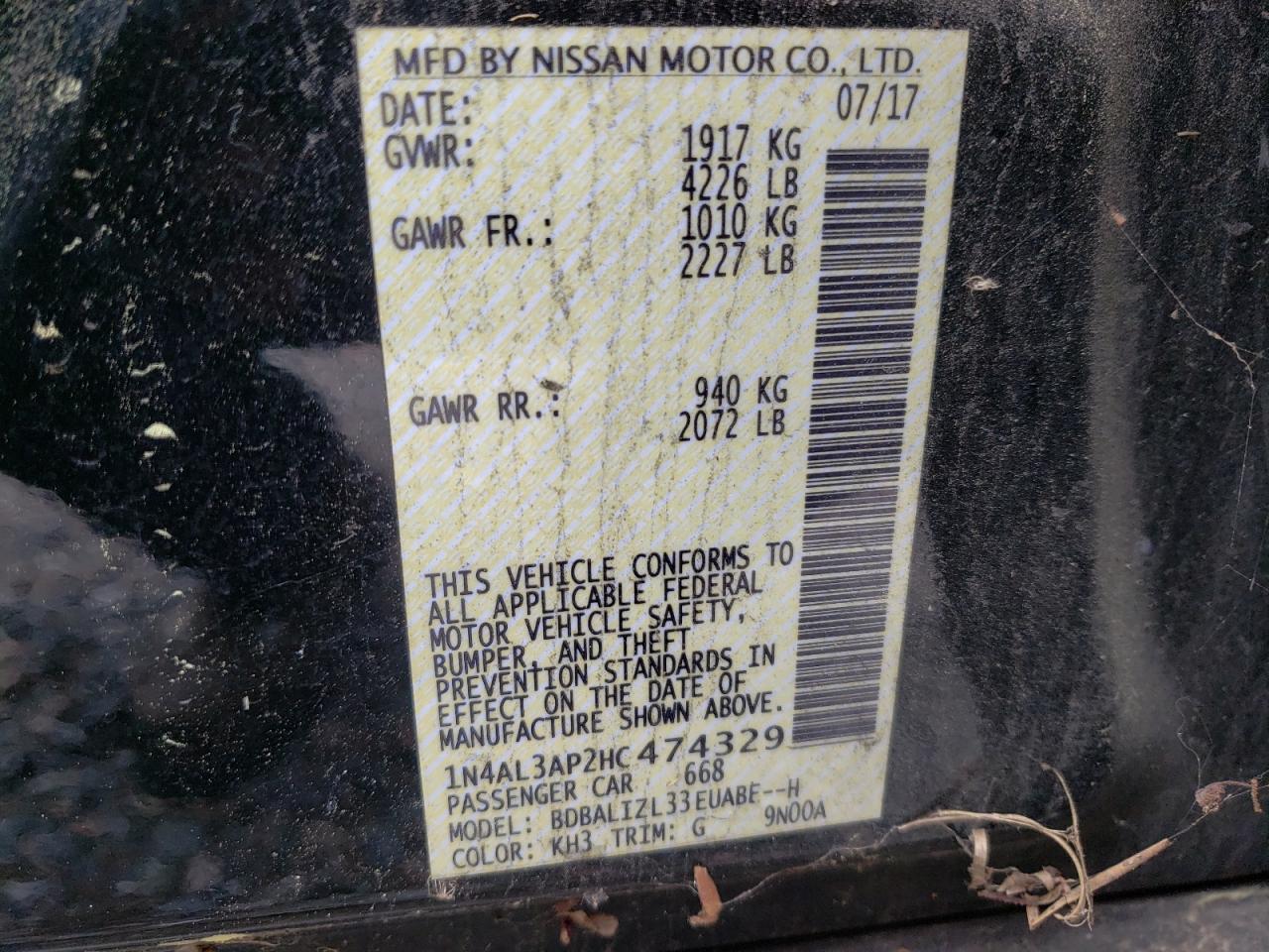 Photo 10 from auction – 2017 NISSAN ALTIMA 2.5 with VIN 1N4AL3AP2HC474329