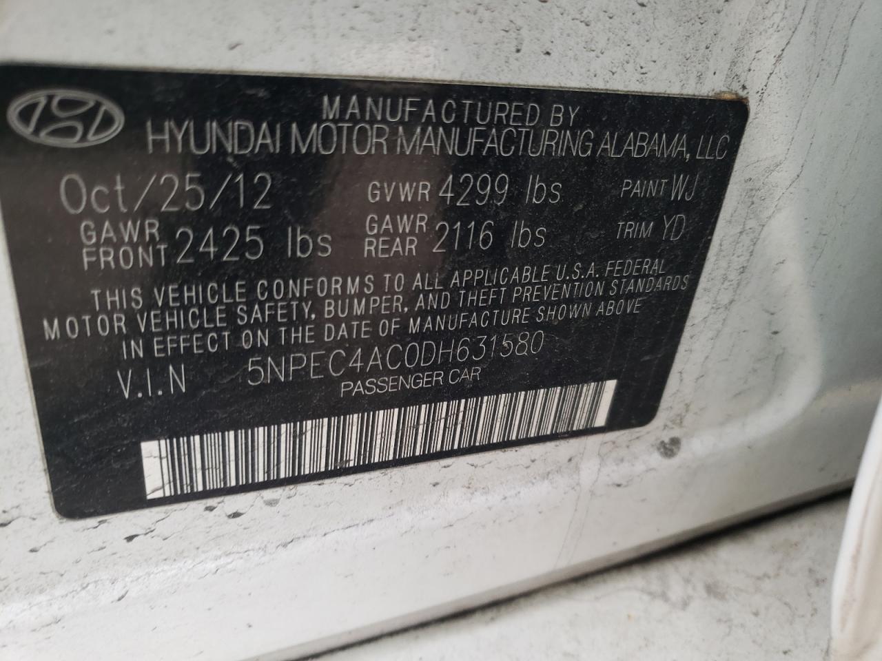 Photo 10 from auction – 2013 HYUNDAI SONATA SE with VIN 5NPEC4AC0DH631580