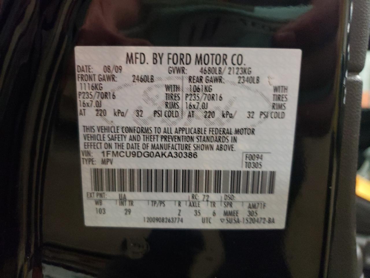 Photo 10 from auction – 2010 FORD ESCAPE XLT with VIN 1FMCU9DG0AKA30386