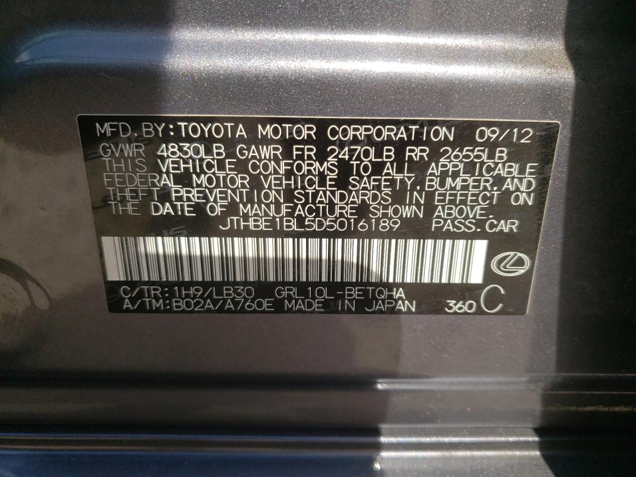 Photo 10 from auction – 2013 LEXUS GS 350 with VIN JTHBE1BL5D5016189