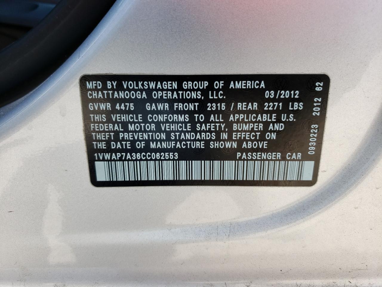 Photo 10 from auction – 2012 VOLKSWAGEN PASSAT S with VIN 1VWAP7A36CC062553