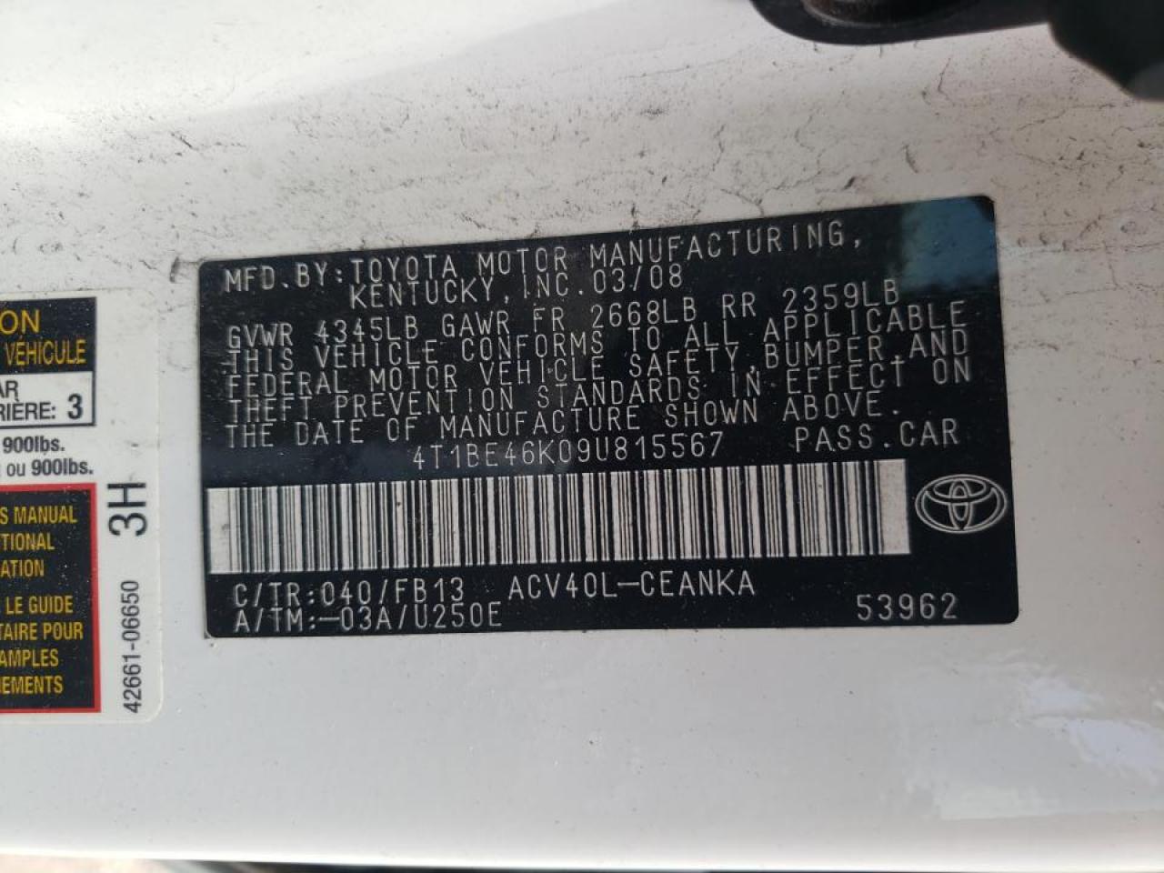 Photo 10 from auction – 2009 TOYOTA CAMRY BASE with VIN 4T1BE46K09U815567