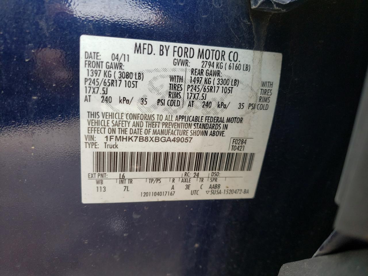 Photo 10 from auction – 2011 FORD EXPLORER with VIN 1FMHK7B8XBGA49057