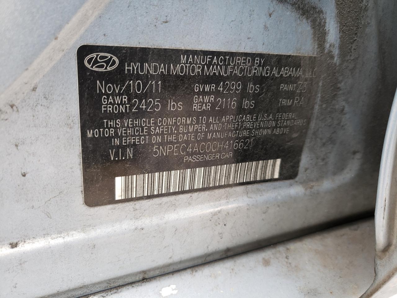 Photo 10 from auction – 2012 HYUNDAI SONATA SE with VIN 5NPEC4AC0CH416621
